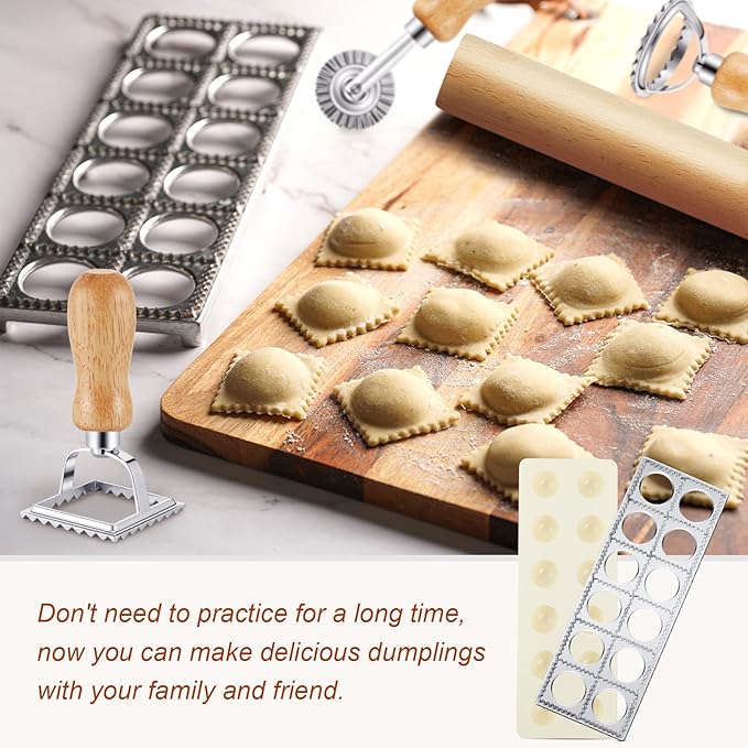 Geetery 5 Pcs Ravioli Mold Set 2 Inch Squares Ravioli Maker Cutter Include 1 Raviolis Maker Press 3 Pasta Cutter Stamp Makers 1 Wood Rolling Pin Pasta Making Tool for Home Kitchen Supplies (12 Holes)