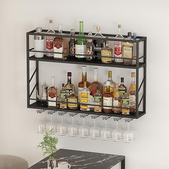 Wall Mounted Wine Rack 2 Tier, Metal Bar Liquor Shelves and Glass Holder,Wall Bar Shelf Wine Display Storage Holder for Home Bar, Dining Room, Kitchen(31.4×7.8×26in)