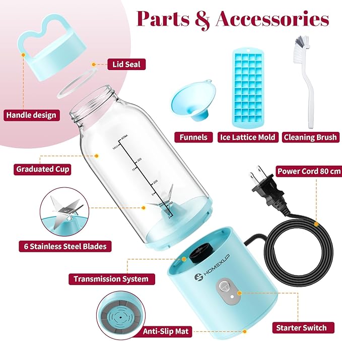 Portable Personal Blender 17 OZ/500 ML Juicer, 175W Personal Size Blender, Ideal for Smoothies, Ice Blending, Juicing, and Food Processing, Compact, Convenient, and Versatile (Blue)