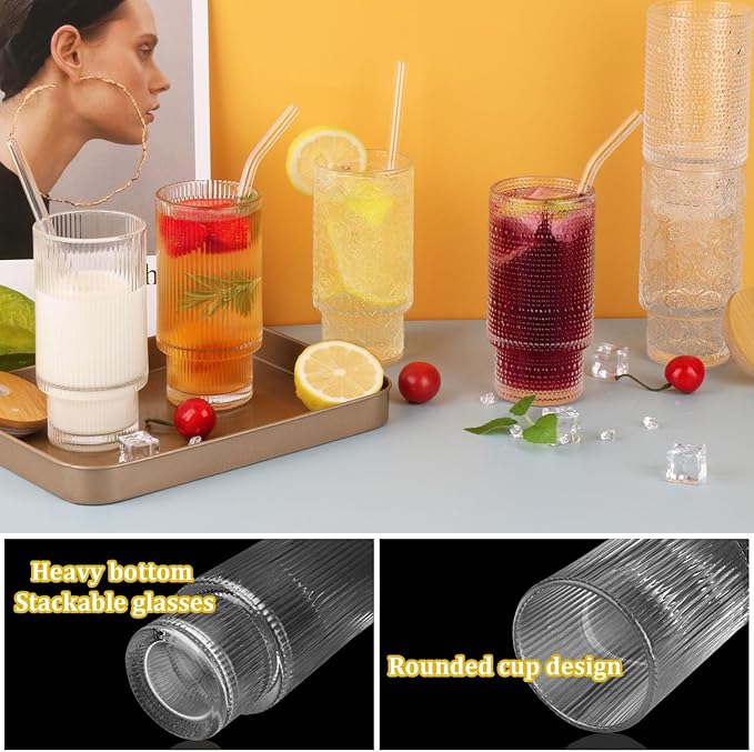 Glass Cups Set with Straw/Bamboo Lid,12 oz Stackable Serving Drinking Glasses, Ideal for Whiskey/Cocktails/Juice/Coffee/Beer, Dishwasher Safe,3 Patterns of Vintage Glassware Sets.(6 Pcs)