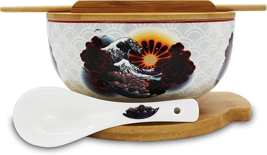 XWORLD Japanese Ceramic Ramen Noodle Bowls Set with Ceramic Spoon, Bamboo Chopsticks, Lid & Trivet, Serving Capacity of 33.8 OZ, Microwavable Oven Safety (3.3” x 6.6” D) (Landscape)