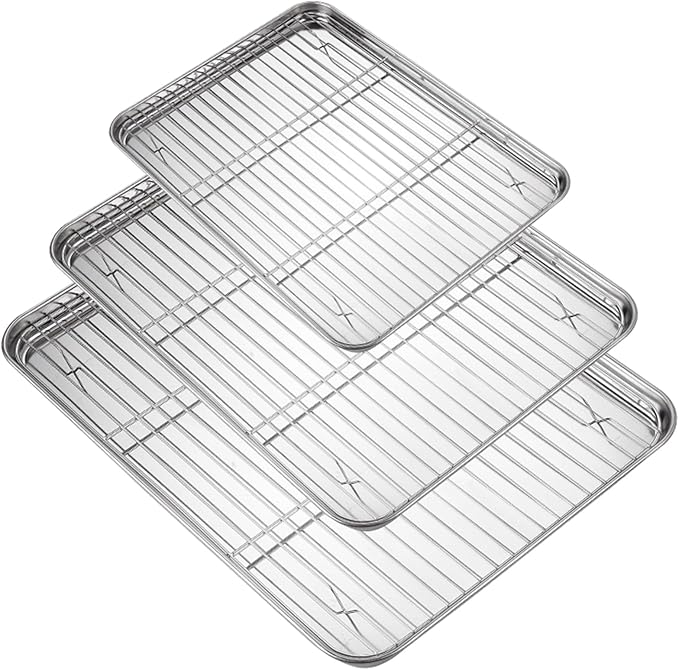 Baking Sheet with Rack Set (3 Pans + 3 Racks), Stainless Steel Baking Pan Cookie Sheet with Cooling Rack, Heavy Duty & Easy Clean，Stainless steel commercial baking tray