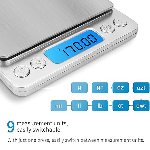 Digital Scale Kitchen 500g 0.01g Food Scale High Precision Kitchen Scale Multifunctional Stainless Steel Pocket Scale with Back-Lit LCD Display Tare PCS Features, 9 Weighing Units Switch