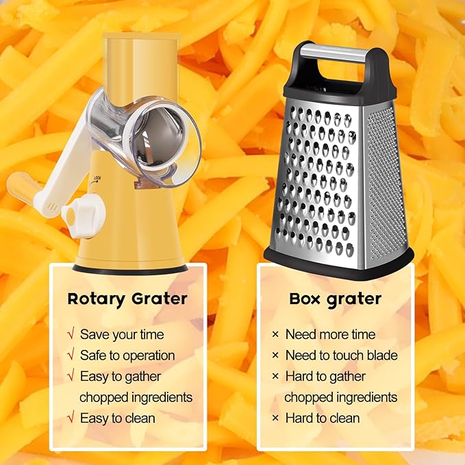Ourokhome Rotary Cheese Grater Hand Crank, Kitchen Shredder Speed Mandolin Slicer Nut Grinder with Handle and Drum Blades for Cheese, Vegetable, Walnut, Chocolate, Potato, Carrot, 3 Blades, Yellow