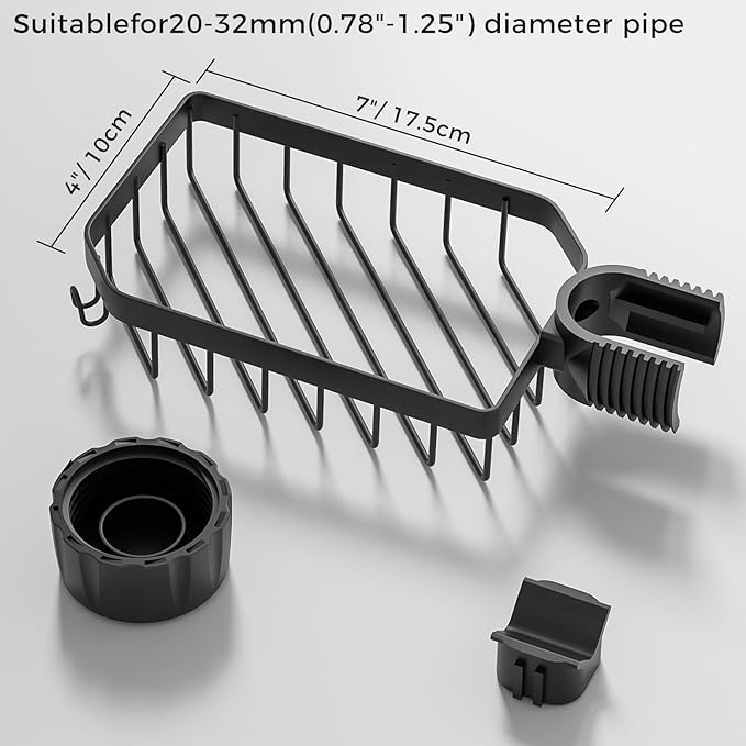 LONIN Sponge Holder Over Faucet Kitchen Sink Caddy Organizer, Stainless Steel Detachable Hanging Faucet Drain Rack for Bathroom, Scrubbers, Soap, (Black)