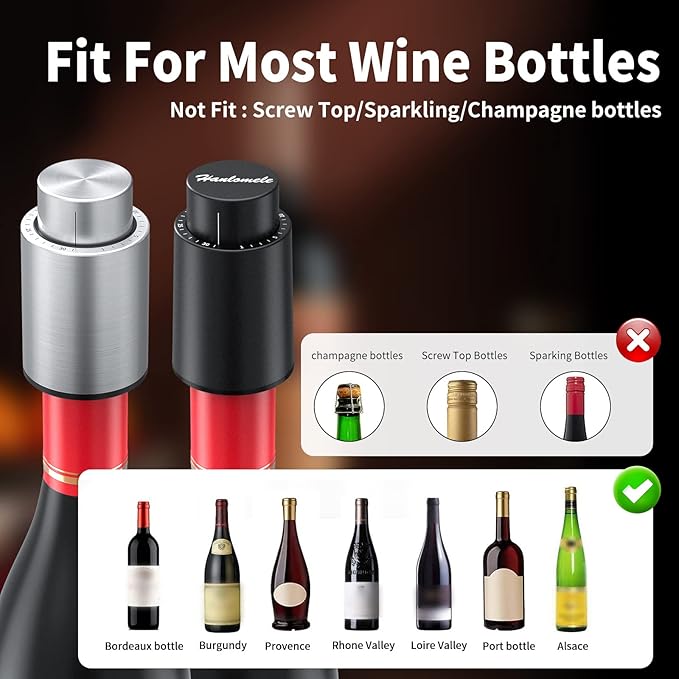 [2 PACK]Wine Bottle Stoppers，2-in-1 Vacuum Wine Stopper，1 Stainless Steel (Silver) and 1 ABS(Black) Wine Savers, Reusable Wine Preserver, Vacuum Pump Corks Keep Wine Fresh, Best Gift Accessories.