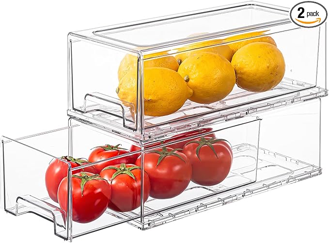 PeJeyiee 2 Pack Clear Stackable Refrigerator Organizers and Storage Drawers - Pull-Out Fridge Bins with Anti-Slip Base & Easy Clean, Plastic Organizers for Kitchen Pantry Cabinet Closet (Medium)