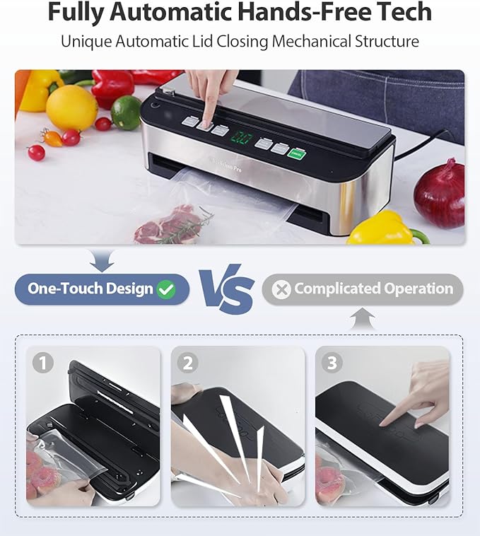 PressFree TRUE-Auto Vacuum Sealer Machine, Beelicious 85KPA Fully Automatic 8-IN-1 Food Sealer with Bags Storage, Build-in Cutter, Moist Mode and Air Suction Hose |Sous Vide | Digital Countdown