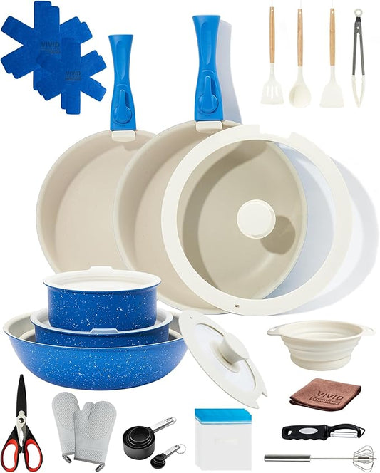 27Pcs Ceramic Cookware Set with Removable Handles – Induction/Oven Safe Pots and Pans Set Nonstick, Eco-Friendly Kitchen Essentials for Healthy Cooking, Blue