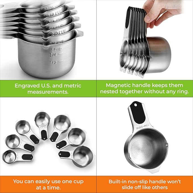 Spring Chef Magnetic Stainless Steel Measuring Cups, Patented, Kitchen Tools with Easy to Read Markings for Measuring Dry or Liquid Ingredients, Set of 7, Black