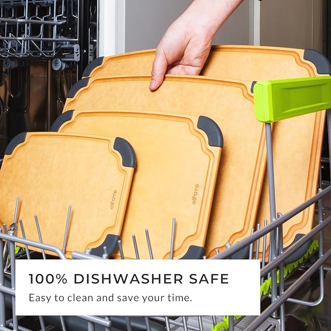 Elihome Essential Series Cutitng Board for Kitchen- Natural Wood Fiber Composite, Dishwasher Safe, Eco-Friendly, Juice Grooves, Non-slip Feet, Non-Porous, Reversible, BPA Free, Medium - 12" x 8"