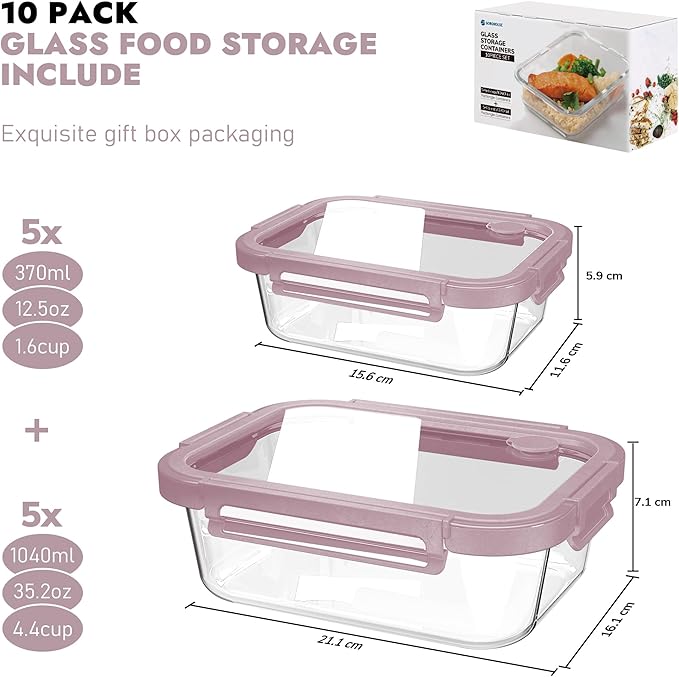 10-Pack Glass Food Storage Containers with Tempered Lids – Borosilicate, Airtight, Oven-Safe (-4°F~950°F), BPA-Free, 4.4 & 1.6 Cup, Leak-Proof, Dishwasher Safe (Pink)
