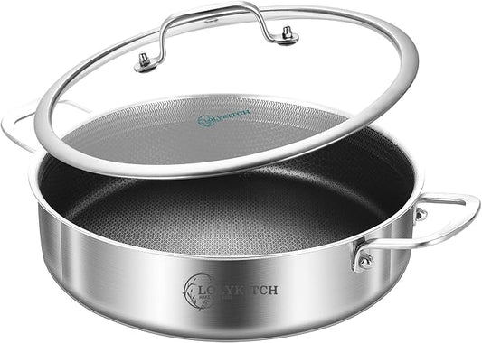 LOLYKITCH Tri-Ply Stainless Steel 10 Inch Non-Stick Sauté Pan with Lid,Induction Deep Cooking Pan, Dishwasher and Oven Safe