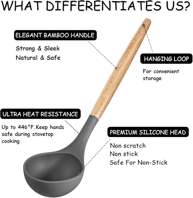 MIBOTE 17 Pcs Silicone Cooking Kitchen Utensils Set with Holder, Wooden Handles Silicone Turner Tongs Spatula Spoon Kitchen Gadgets Utensil Set for Nonstick Cookware (Grey)