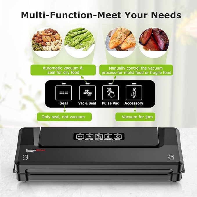 [Updated 2025] Bonsenkitchen Vacuum Sealer Machine + 5 Vacuum Bags, Fast-Compact/Multi-Functional Food Vacuum Sealer with External Vacuum System, Black
