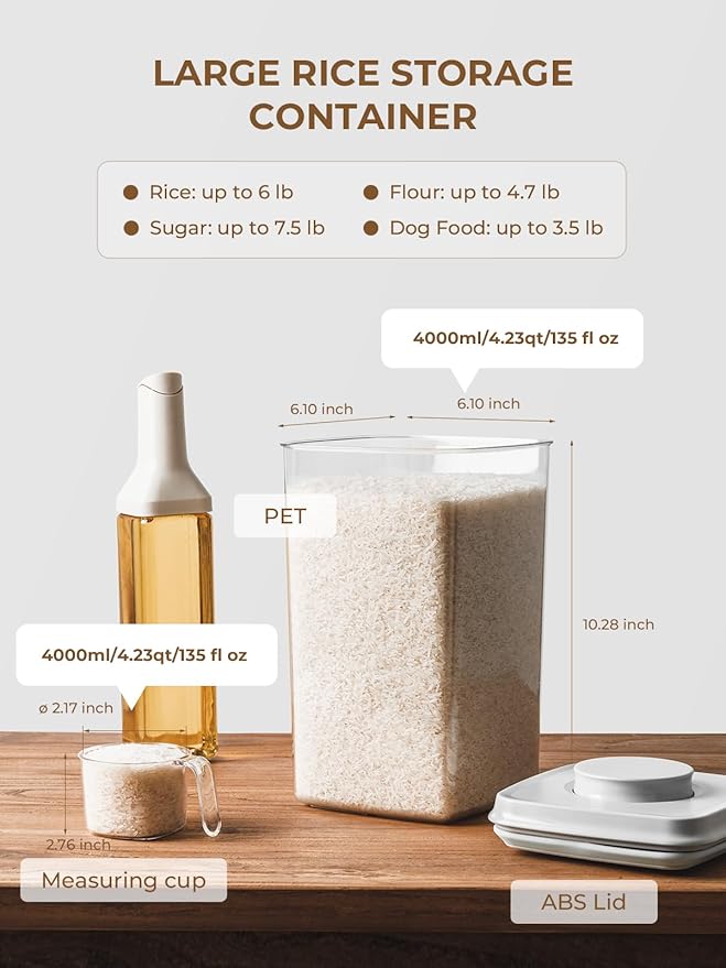 Cereal Containers Storage, 2 Pack Rice Holder, 4.22 Qt - 6 Lbs Food Storage Container Bin with Pop-up Lid for Rice Flour Sugar, Dry Food Holder for Kitchen Pantry Organization and Storage