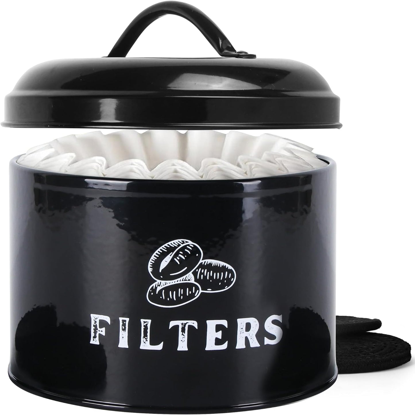 Coffee Filter Holder – Coffee Filter Holder for Counter with Braided Cotton Drink Coasters – Vintage Coffee Filter Container with Lid – Accessories for Coffee Bar, Home(Black)