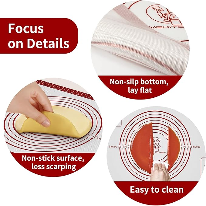 Silicone Baking Pastry Mat, Non Stick Dough Rolling Sheet with Measurement, Nonslip Kitchen Counter Mat, Oven Liner Mat Fondant Dough Kneading Mat for Making Cookies Macarons Bread Pizza