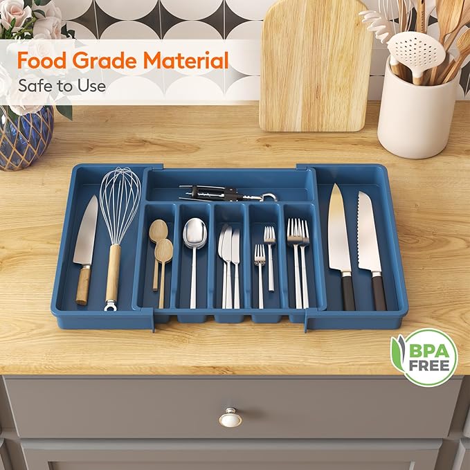 Lifewit Silverware Drawer Organizer, Expandable Utensil Tray for Kitchen, BPA Free Flatware and Cutlery Holder, Adjustable Plastic Storage for Spoons Forks Knives, Large, Dark Blue