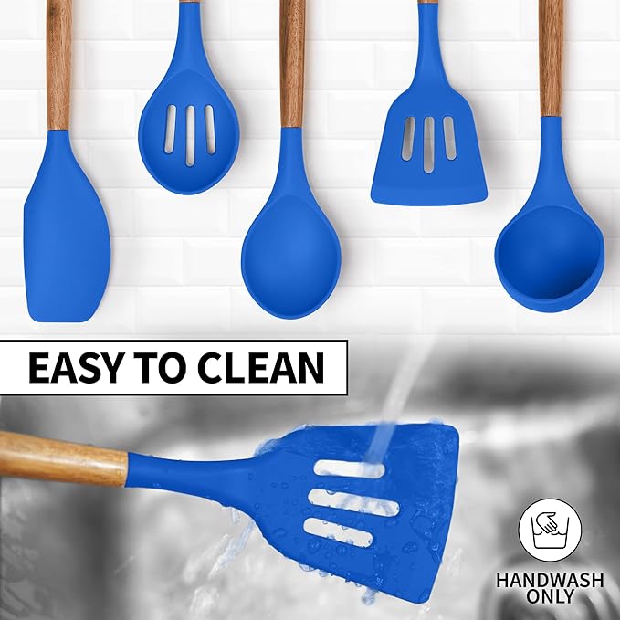 Zulay Kitchen Non-Stick Silicone Cooking Utensils Set with Acacia Wood Handles - 5 Piece Set - Heat Resistant to 464F - Dark Blue