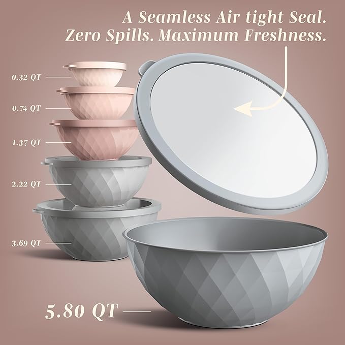 COOK WITH COLOR Mixing Bowls with Lids - 12 Piece Plastic Nesting Bowls Set includes 6 Prep Bowls and 6 Lids, Diamond Design - Microwave Safe, Pink and Grey