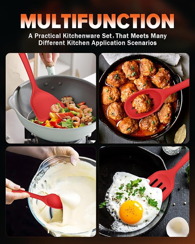 Silicone Cooking Utensils Set, Perfectly Angled for Frying, Mixing,Serving,Draining,Turning and Stirring, BPA-Free Matte Silicone, Wood Handles, Safe for Nonstick Cooking Surfaces,4 Pack (Red)