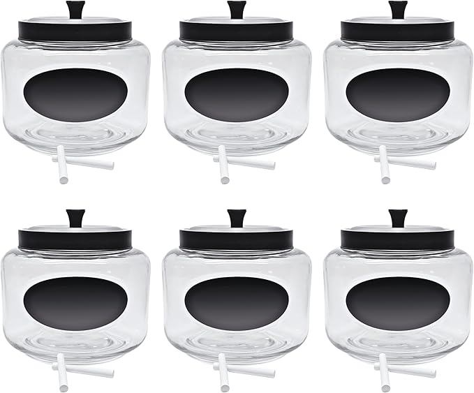 Kitchen and Laundry Storage Glass Jar – Wide Mouth Round Glass Storage Container with Black Steel Lid and Chalkboard Label - 2 Sticks of Chalk Included (6, 3L | 101oz | 0.8 Gallon)