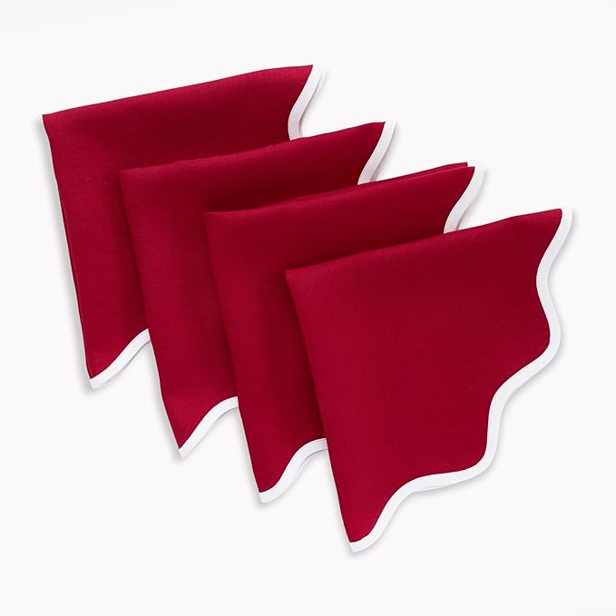Solino Home Scallop Linen Napkins Set of 4-100% Pure Linen White and Red Dinner Napkins Cloth 20 Inch - Giselle Scallop Edge, Handcrafted and Machine Washable - Christmas