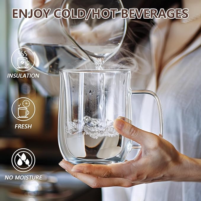 Double Walled Glass Coffee Mugs 16 OZ, Borosilicate Glass Coffee Cups Set of 4 with Spoons, Insulated Clear Coffee Mug for Hot Beverages, Cappuccino, Latte, Tea Bag.