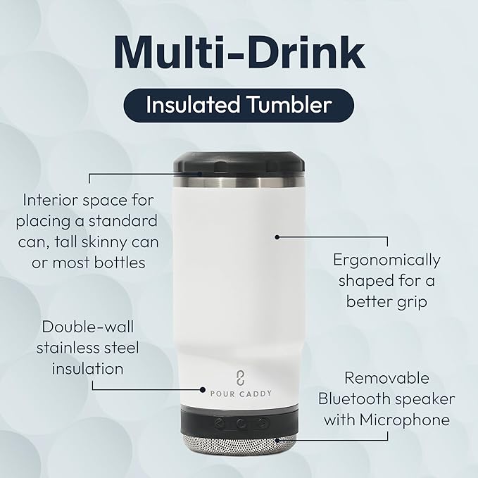 Chill & Brew, Insulated Can & Bottle Holder, Bluetooth Cup with Speaker, Fits 12 oz Cans, Skinny Cans, Most Bottles & Cold Drinks, White