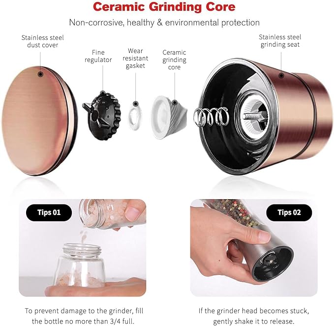 Copper Stainless Steel Salt and Pepper Grinder Set Manual Himalayan Pink Salt Mill|Salt and Pepper Shakers with Adjustable Coarseness and Clear Glass Body (Pack of 2)