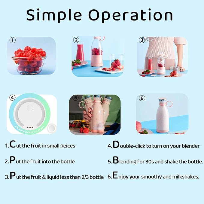 Asa Vea Mini Blender for Smoothies and Milkshakes, Portable Blender, Rechargeable, Personal Size Blender with Quota Outer Travel Lid with 4 Blades, 11 oz for Outdoors, Camping (White)