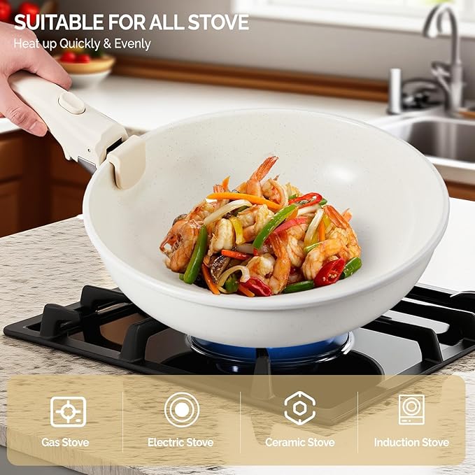 ROVSUN 22 Pcs Nonstick Pots and Pans Set, Cast Aluminum Kitchen Cookware Set with Detachable Handles, RV Kitchen Cooking Set and Utensils, Dishwasher Safe, PFAS PFOA & PFOS Free, Cream White