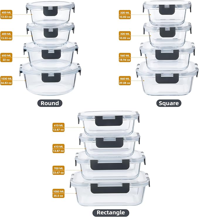 24 Pieces Glass Meal Prep Containers, Glass Food Storage Containers with Lids, Reusable Airtight Leakproof Lunch Bento Boxes Freezer, Microwave Oven and Dishwasher, Gray