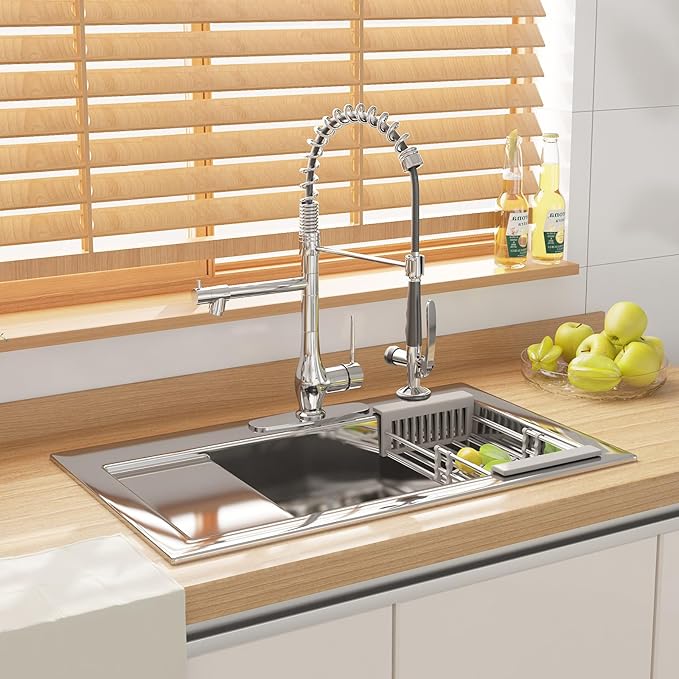GIMILI Chrome Kitchen Faucet with Pull Down Sprayer, Single Handle High Pressure Kitchen Sink Faucet, Commercial Double-Headed Stainless Steel Kitchen Faucets Sink with Deck Plate