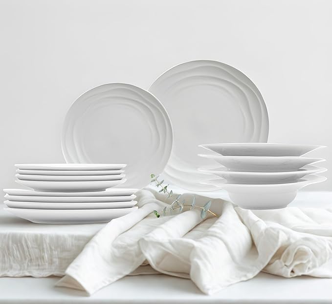 White Porcelain Dinnerware Set for 4–12-Piece Plates and Bowls Sets with Natural Waves – Durable, Microwave, Oven, Dishwasher Safe, Scratch Resistant Modern China Dish Set, stylish, everyday tableware