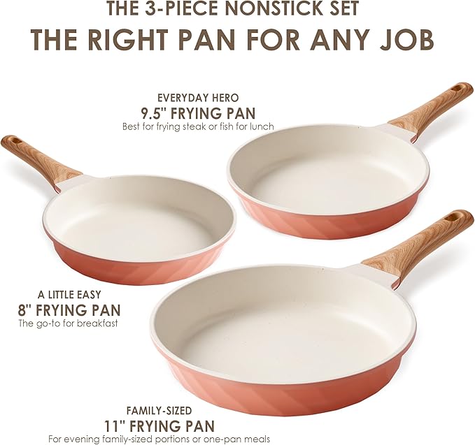 Frying Pans Non stick - 3 PCS Nonstick Frying Pan Set Omelette Pans for Cooking Set, Granite Skillet Set Kitchen Induction Cookware Chef's Pan Gift, 8", 9.5" &11", Coral Pink