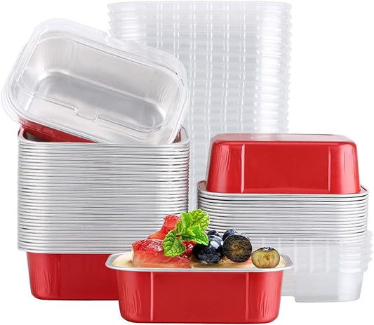 EUSOAR Cupcake Cups with Lids, 5.7oz 50pcs Disposable Desserts Flan, Baking Cups with Lids, Aluminum Foil Desserts Cupcake Flan, Catering Gathering Shower Favor-Red