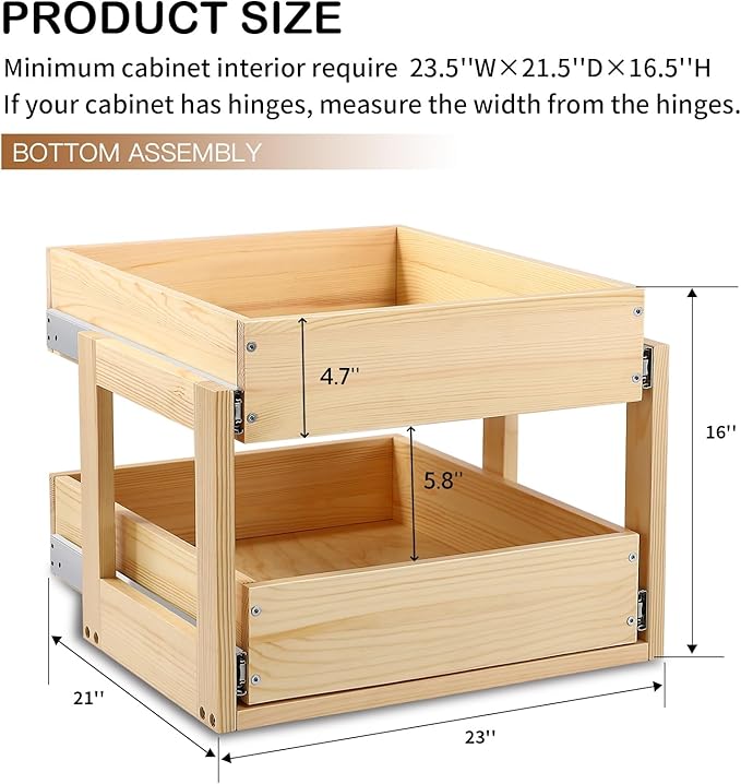 Pull Out Cabinet Organizer, 23''W×21''D×16''H Soft Close Slide Out Wood Drawer Shelves Storage for Kitchen, 2-Tier, Finished, Heavy-Duty, Bottom Assembly