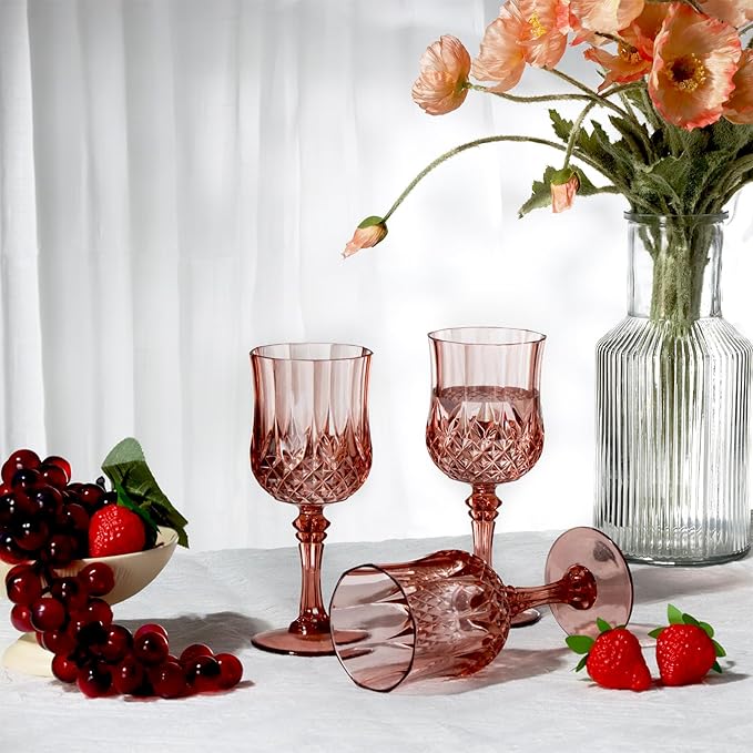XUWAIDSGN 24 Pcs 7oz Plastic Vintage Wine Glasses Drinking Glasses Unbreakable Wedding Glassware Crystal Water Goblets Reusable Drinkware Vintage Champagne Flutes (24, Rose Gold)