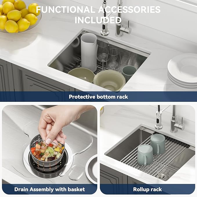 Lordear 21 Undermount Kitchen Sink -21x19 Inch Undermount Bar Sink Stainless Steel 16 Gauge Ledge Workstation Handmade RV Camper Mobile Home Kitchen Sink Basin with Full Cover Cutting Board