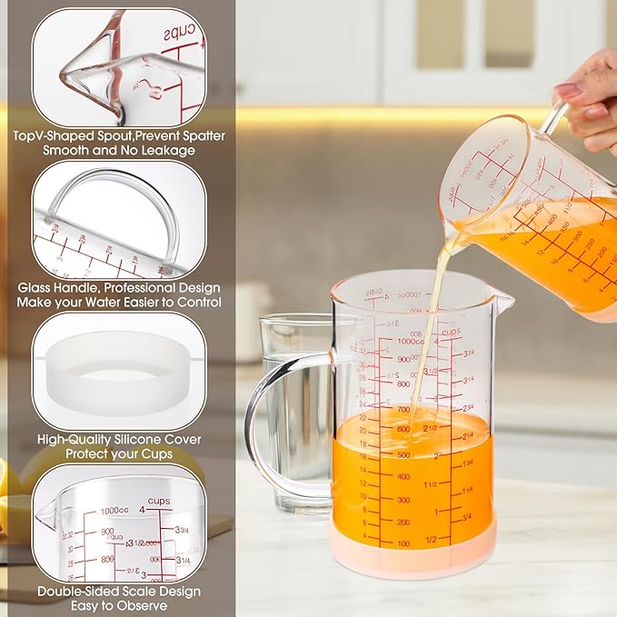 Lallisa 3 Sets Glass Measuring Cups with Handle 1 1/4 Cup, 2 Cup, 4 Cup High Borosilicate Glass Measuring Beaker, V Shaped Spout, 3 Scales (OZ, Cup, ML/CC) for Kitchen Restaurant