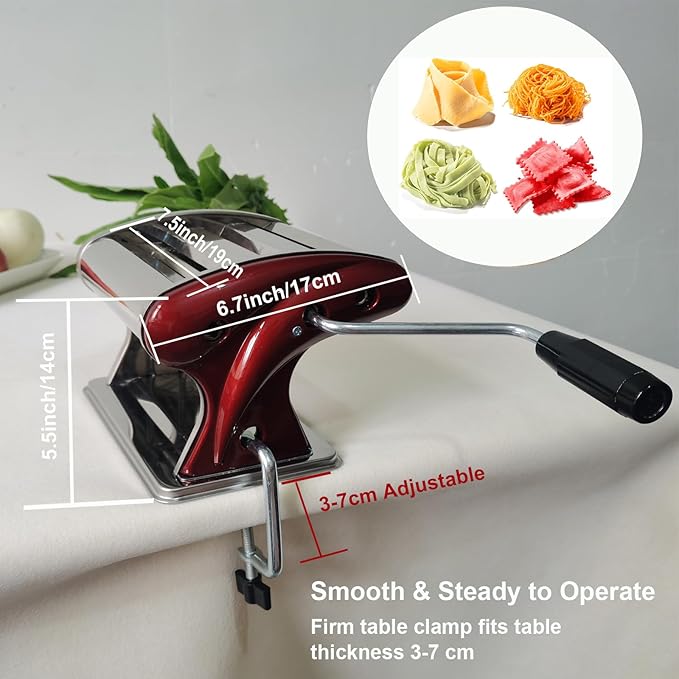 Manual Pasta Maker Machine – Stainless Steel Noodle Roller with Built-in 2mm & 4mm Cutters for Homemade Pasta, Lasagna, Fettuccine (Red, 2mm +4mm)