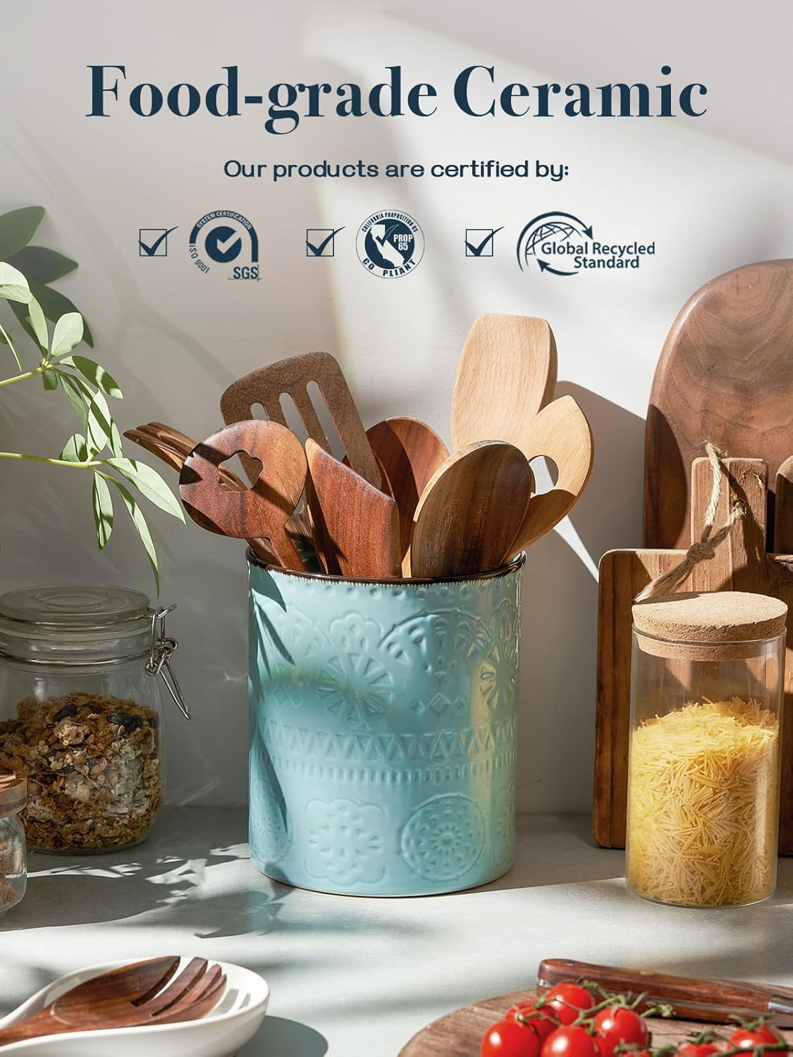 DOWAN 7.2" Kitchen Utensil Holder, Extra Large Farmhouse Utensil Holders for Countertop, Ceramic Utensil Crock, Anti Slip Cork Bottom (Blue, 7.2 Inch)