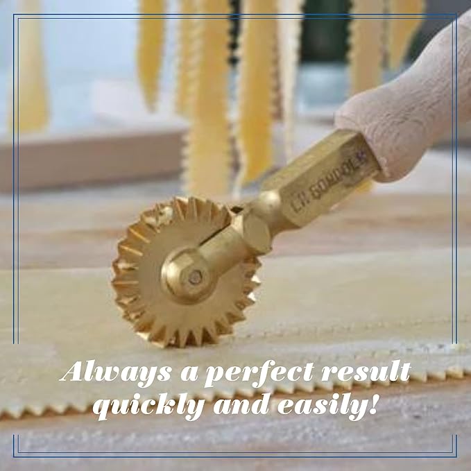 La Gondola Homemade Pasta Cutter - Festooned Wheel | Italian Pasta Making Tool for Home and Business | Brass & Natural Wood | Safe & Easy to Use Pasta Cutting Tool | Ravioli Cutter Made in Italy
