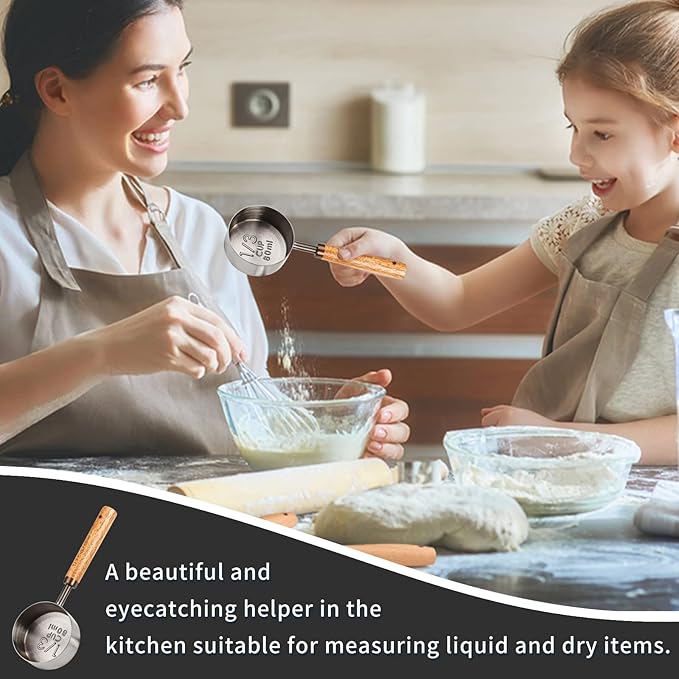 Measuring Cup with Wooden Handle, 1/2 Cup Titanium-plating 125 Ml Stainless Steel, Space Gray