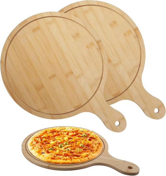 12 Inch Bamboo Pizza Peel, 2 Pack Bamboo Pizza Paddle Spatula, Multi-Purpose Natural Cutting Board with Handle, for Cheese Bread Fruit Vegetables, Round