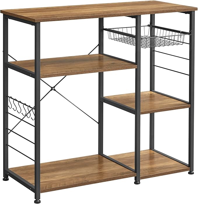 VASAGLE ALINRU Kitchen Baker’s Rack, Coffee Bar, Microwave Oven Stand, with Steel Frame, Wire Basket, 6 Hooks, for Mini Oven, Spices Utensils, Industrial, Rustic Walnut and Black UKKS090B41