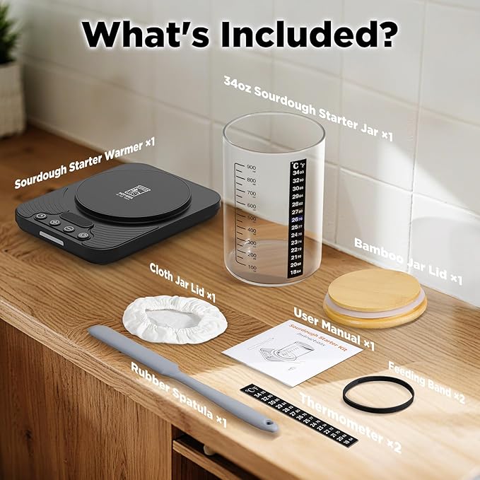 Sourdough Starter Warmer Kit with 34oz Glass Jar & Thermometer - 24H Timer Auto ON/OFF, 1°F Control (70-100°F), Smart Warming Memory, Sour Dough Bread Starter Heater Accessories, Home Baker Tool Gifts