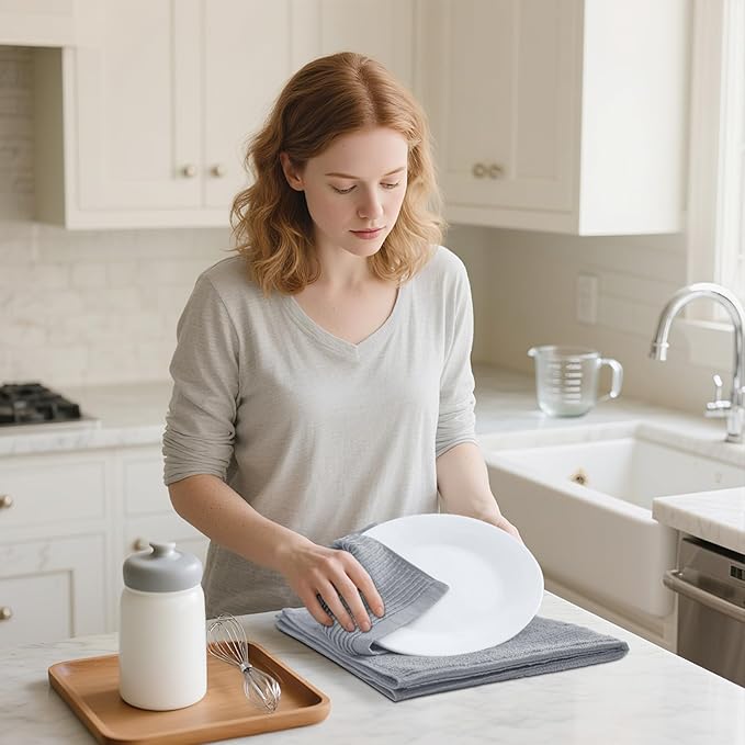 Homaxy Premium Kitchen Towels (18"x 28", 12 Pack), Large 100% Cotton Kitchen Hand Towels, Ultra Absorbent Ribbed Terry Tea Towels Set with Hanging Loop, Grey